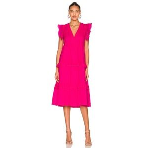 NEW Amanda Uprichard Chamomile Flutter Sleeve Tiered Midi Dress L Cerise Pink